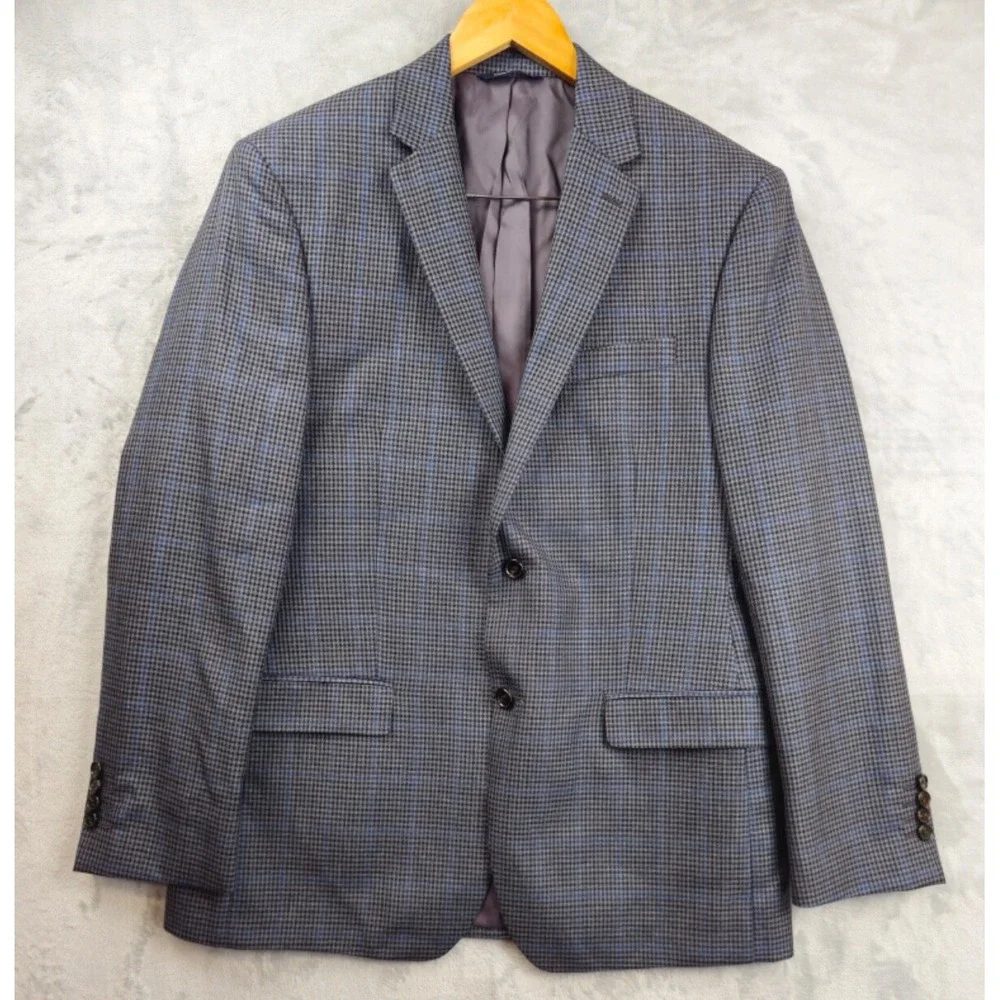 Ralph Lauren Blazer 42R Houndstooth Windowpane Plaid‎ Gray Blue Wool Silk Blend